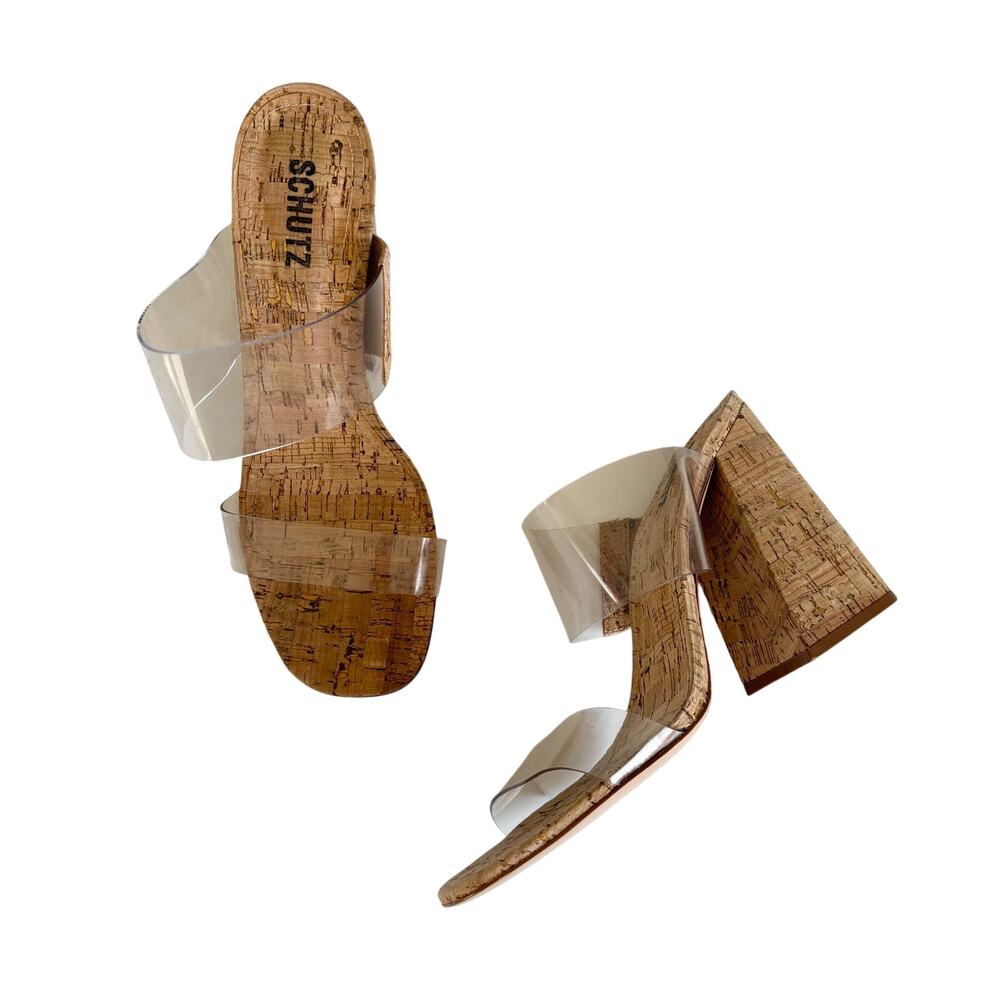 Schutz Victorie Beige Cork & Transparent Vinyl Block Heel Sandals Womens Size 10